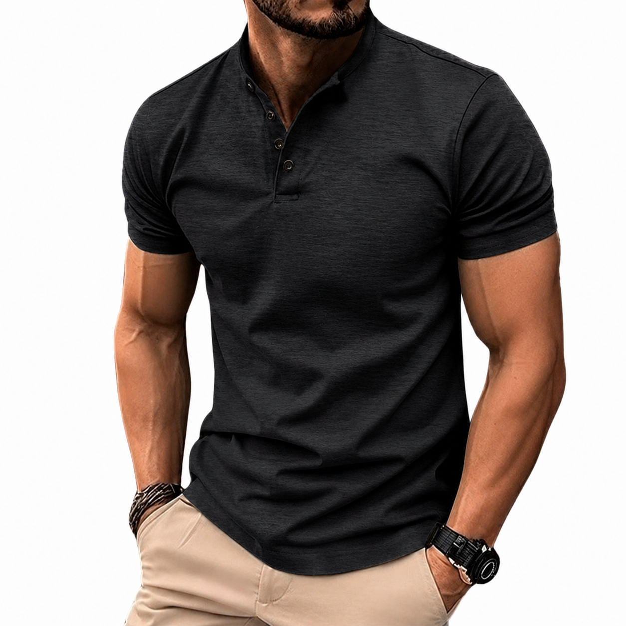 Black men's cotton polo shirt, knit collar with buttoned placket, short sleeves