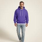 Men's relaxed fit pullover hoodie in purple with adjustable hood and ribbed cuffs