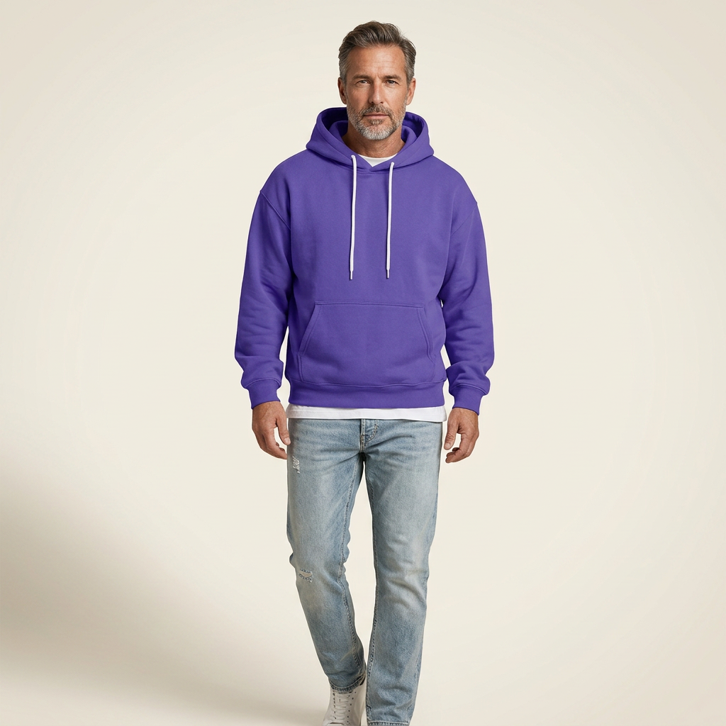 Men's relaxed fit pullover hoodie in purple with adjustable hood and ribbed cuffs