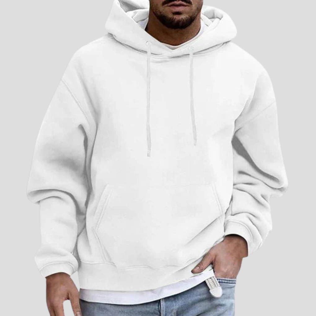 White men’s pullover hoodie with white drawstring hood and front kangaroo pocket.