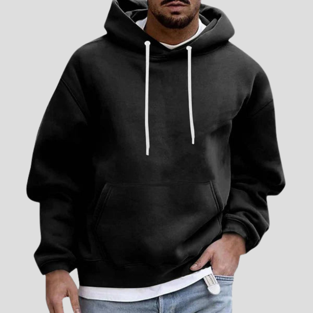 Black men’s pullover hoodie with white drawstring hood and front kangaroo pocket.