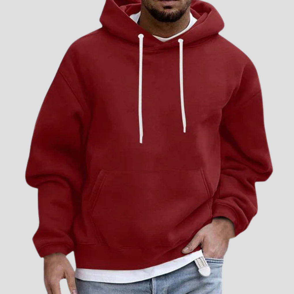Dark red men’s pullover hoodie with white drawstring hood and kangaroo front pocket.