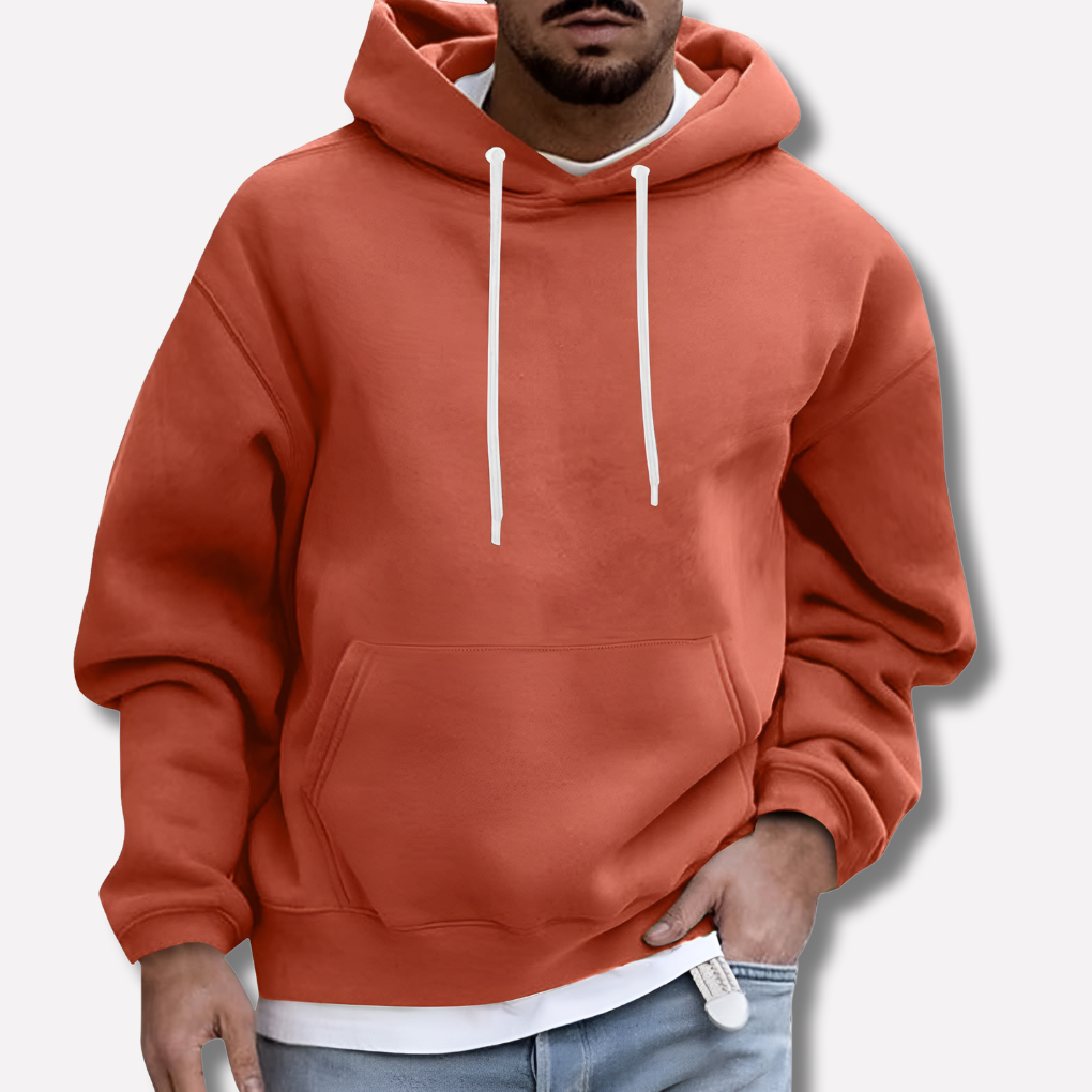 Orange men’s pullover hoodie with white drawstring hood and kangaroo front pocket.