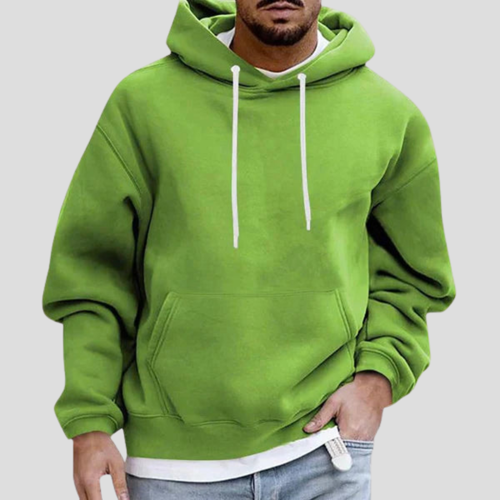 Light green men’s pullover hoodie with white drawstring hood and front kangaroo pocket.