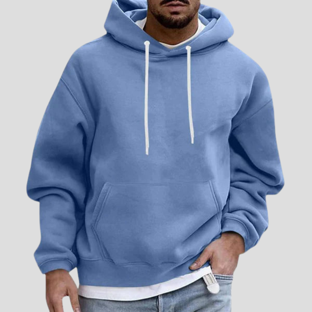 Blue men’s pullover hoodie with white drawstring hood and front kangaroo pocket.