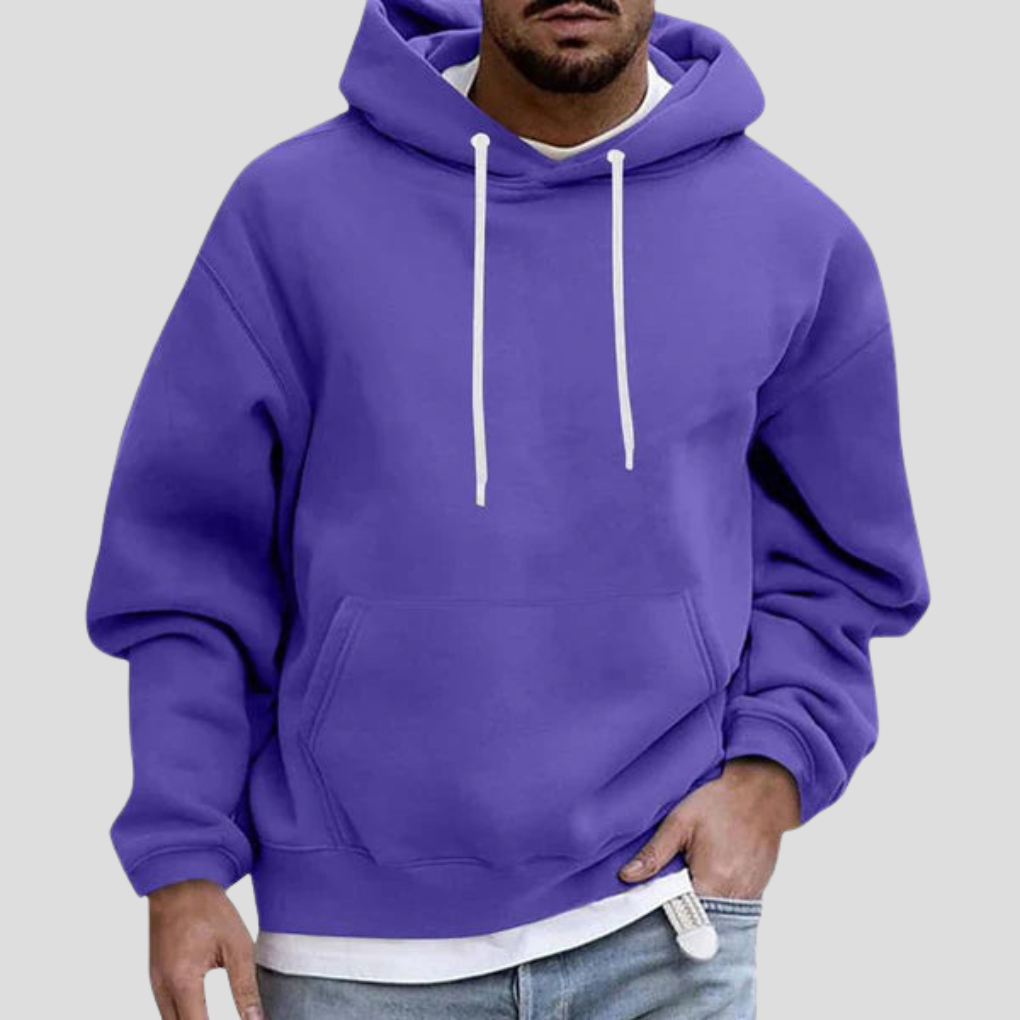 Violet men’s pullover hoodie with white drawstring hood and kangaroo front pocket.