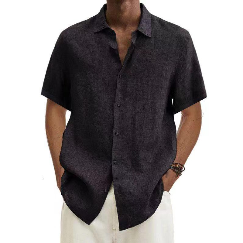 Men's linen shirt, short-sleeve button-up with spread collar in black