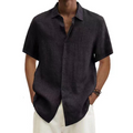 Men's linen shirt, short-sleeve button-up with spread collar in black