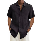 Men's linen shirt, short-sleeve button-up with spread collar in black