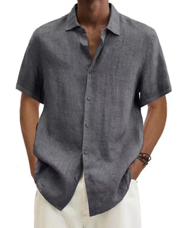 Men's gray linen short-sleeve button-up shirt with point collar.
