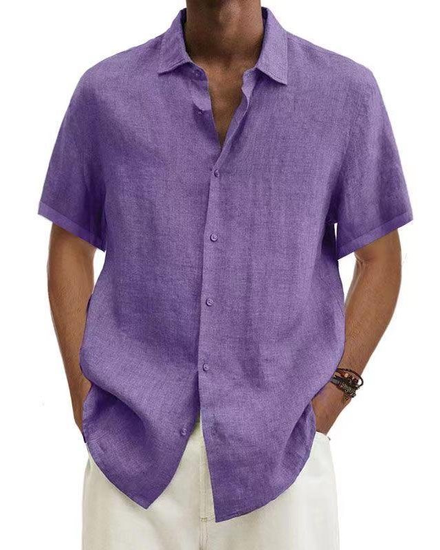 Men's purple linen short-sleeve button-up shirt with point collar.