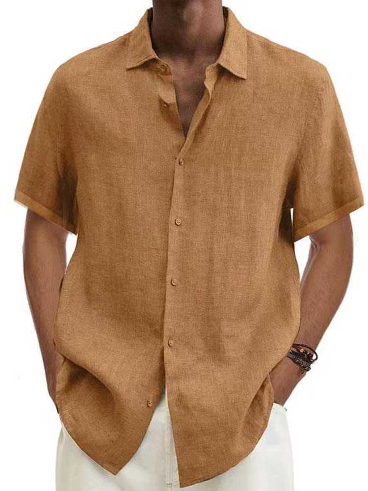 Men's khaki linen short-sleeve button-up shirt with point collar.