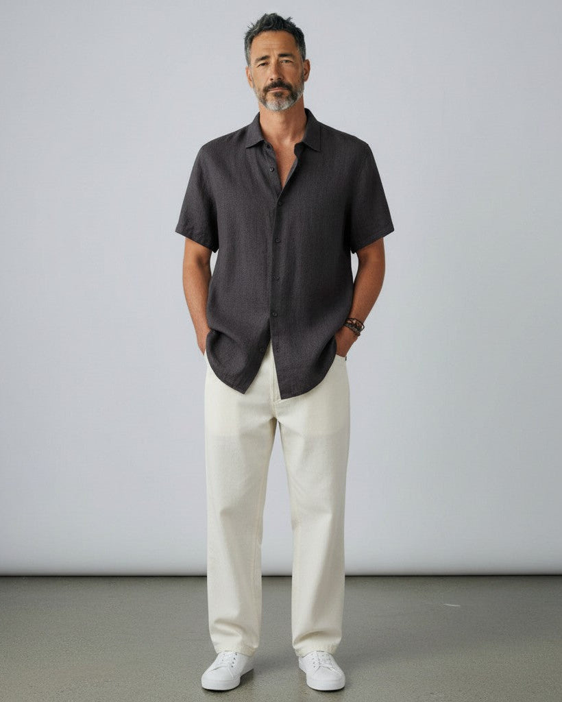 Men's linen shirt in dark gray, short-sleeve button-up with front view