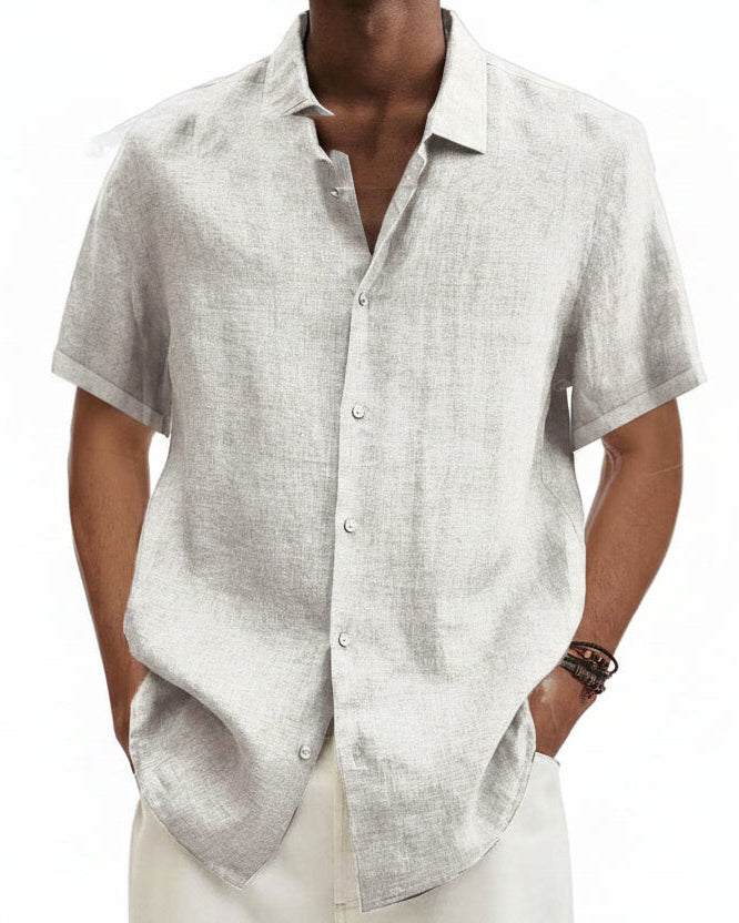 Men's linen shirt in off-white, short-sleeve button-up with open collar
