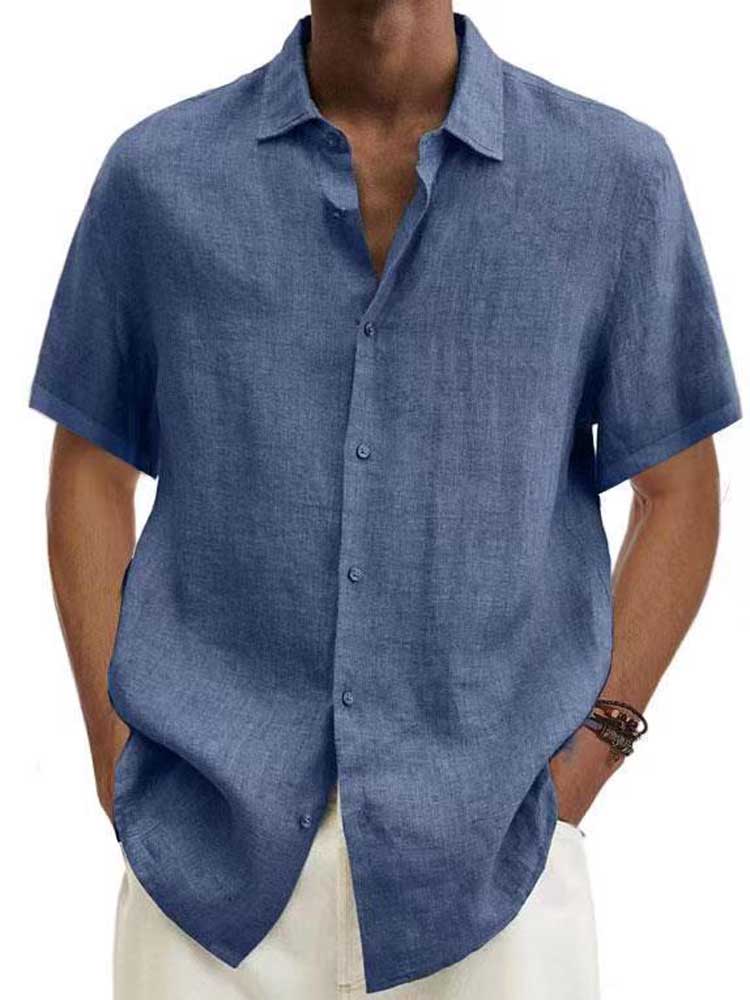 Men's linen shirt in blue, short-sleeve button-up with front view