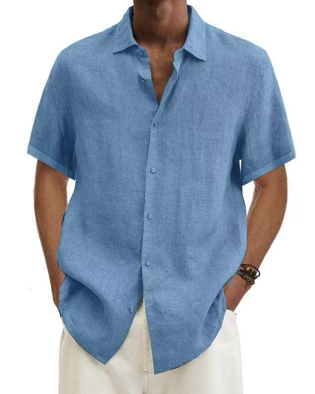 Men's linen shirt in light blue, short-sleeve button-up with front view