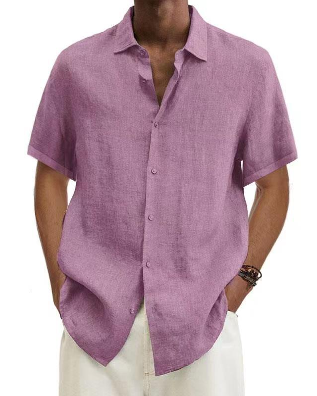 Men's linen shirt in pink, short-sleeve button-up with front view