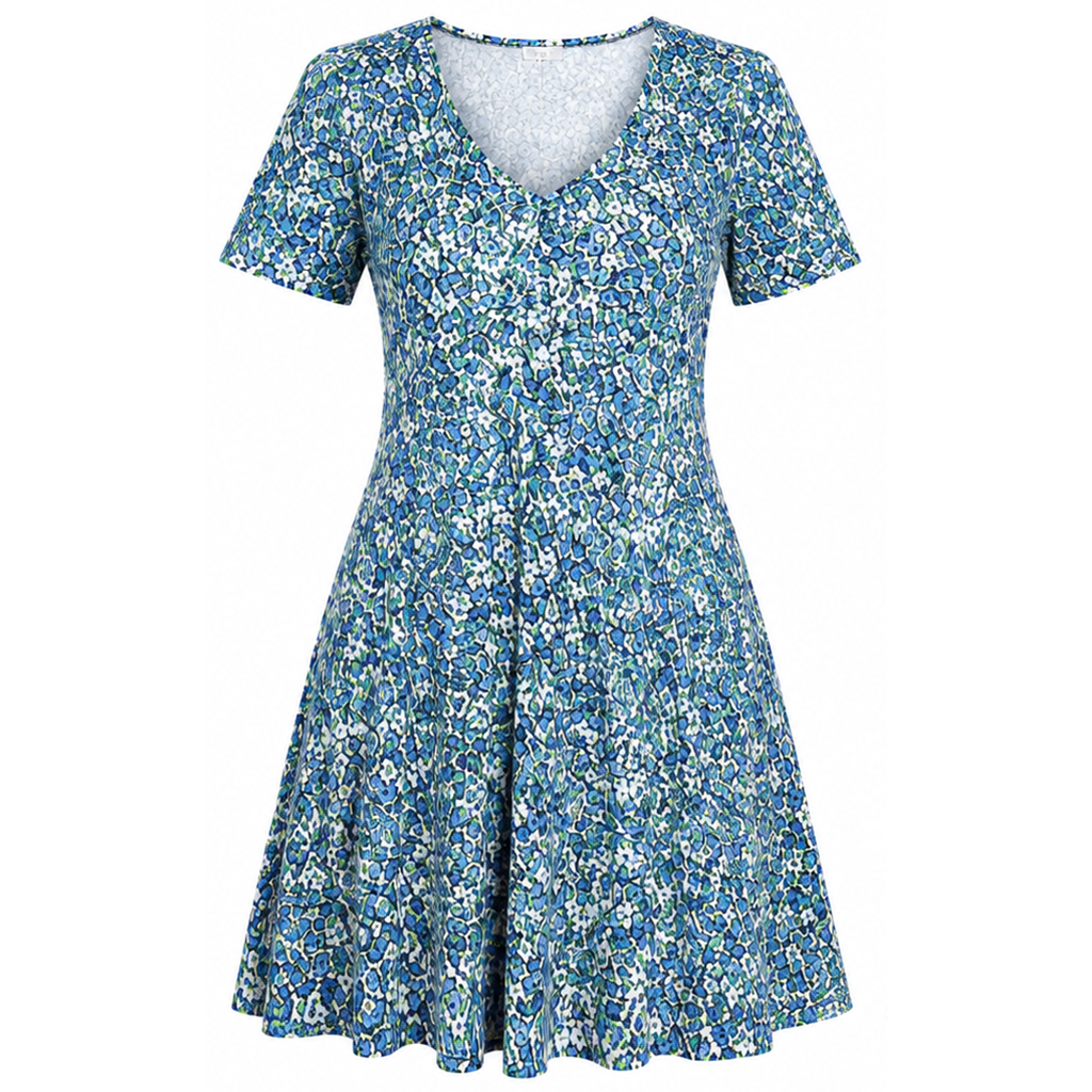 Blue tropical print V-neck short-sleeve knee-length dress with gathered skirt