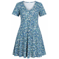 Blue tropical print V-neck short-sleeve knee-length dress with gathered skirt