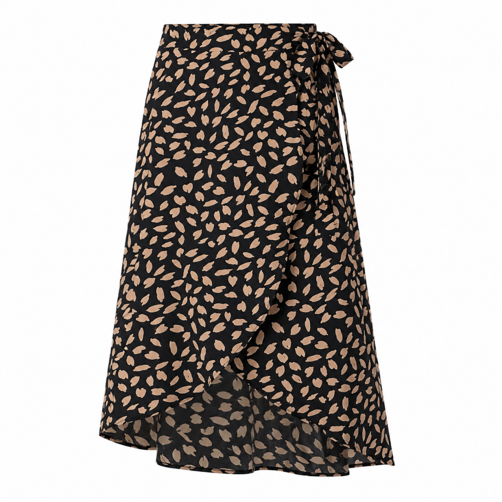 Asymmetric wrap midi skirt with black base and beige leaf print, adjustable tie waist