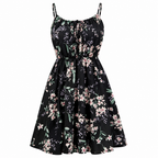 Black floral mini dress with tie-shoulder straps and gathered neckline