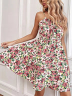 Women’s pink and green floral tie-shoulder mini dress with flared skirt