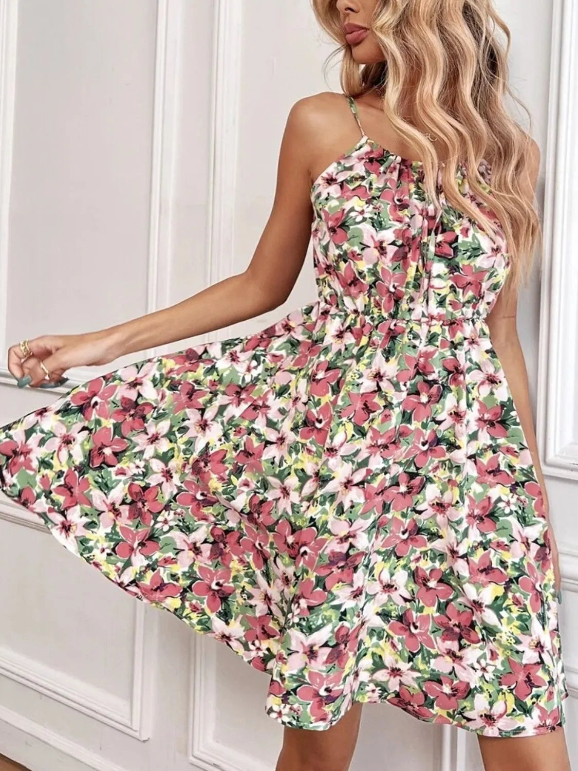 Women’s pink and green floral tie-shoulder mini dress with flared skirt