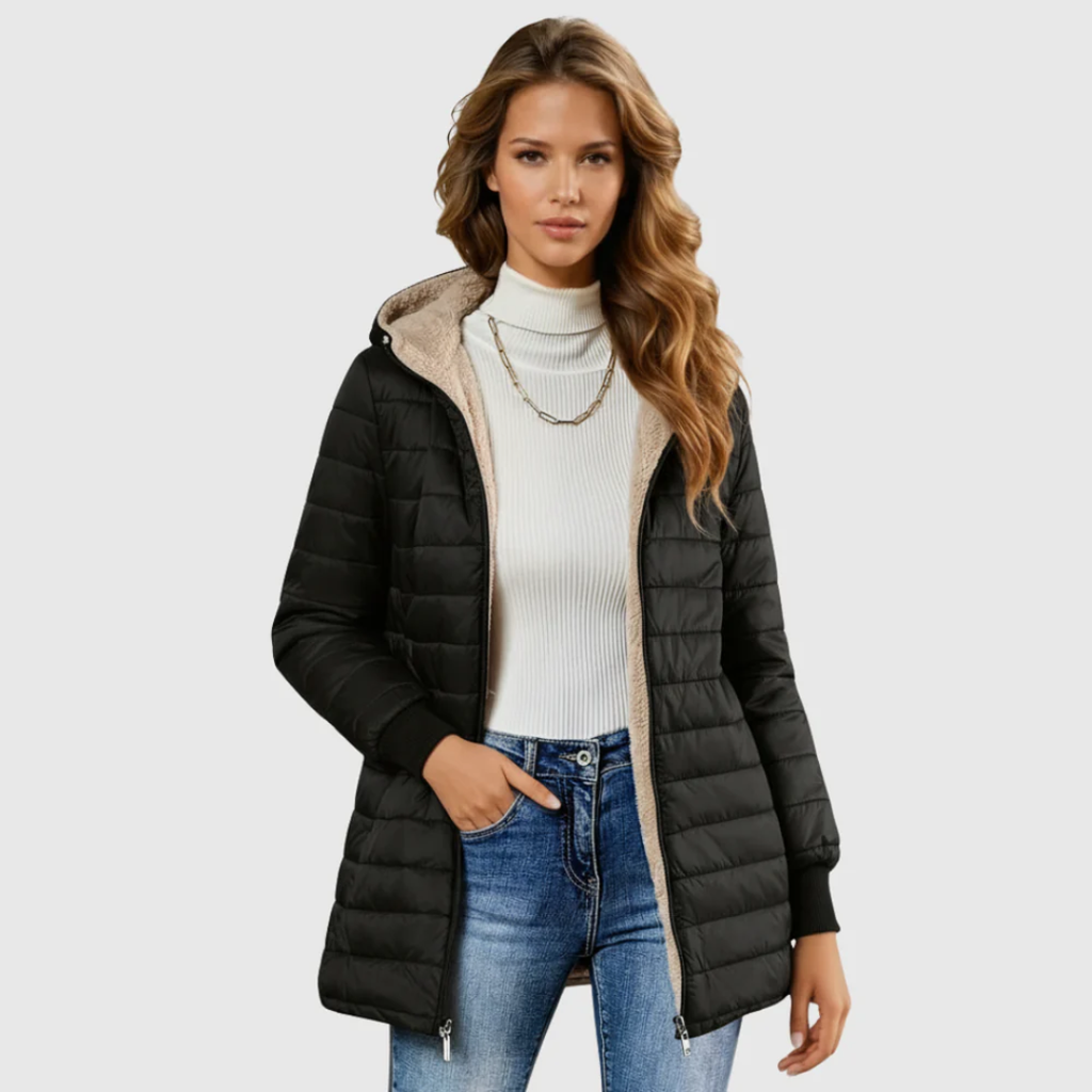 Black sherpa-lined winter coat with tan faux-fur hood and zip front