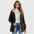 Black sherpa-lined winter coat with tan faux-fur hood and zip front