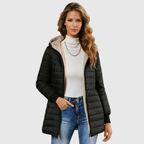 Black sherpa-lined winter coat with tan faux-fur hood and zip front