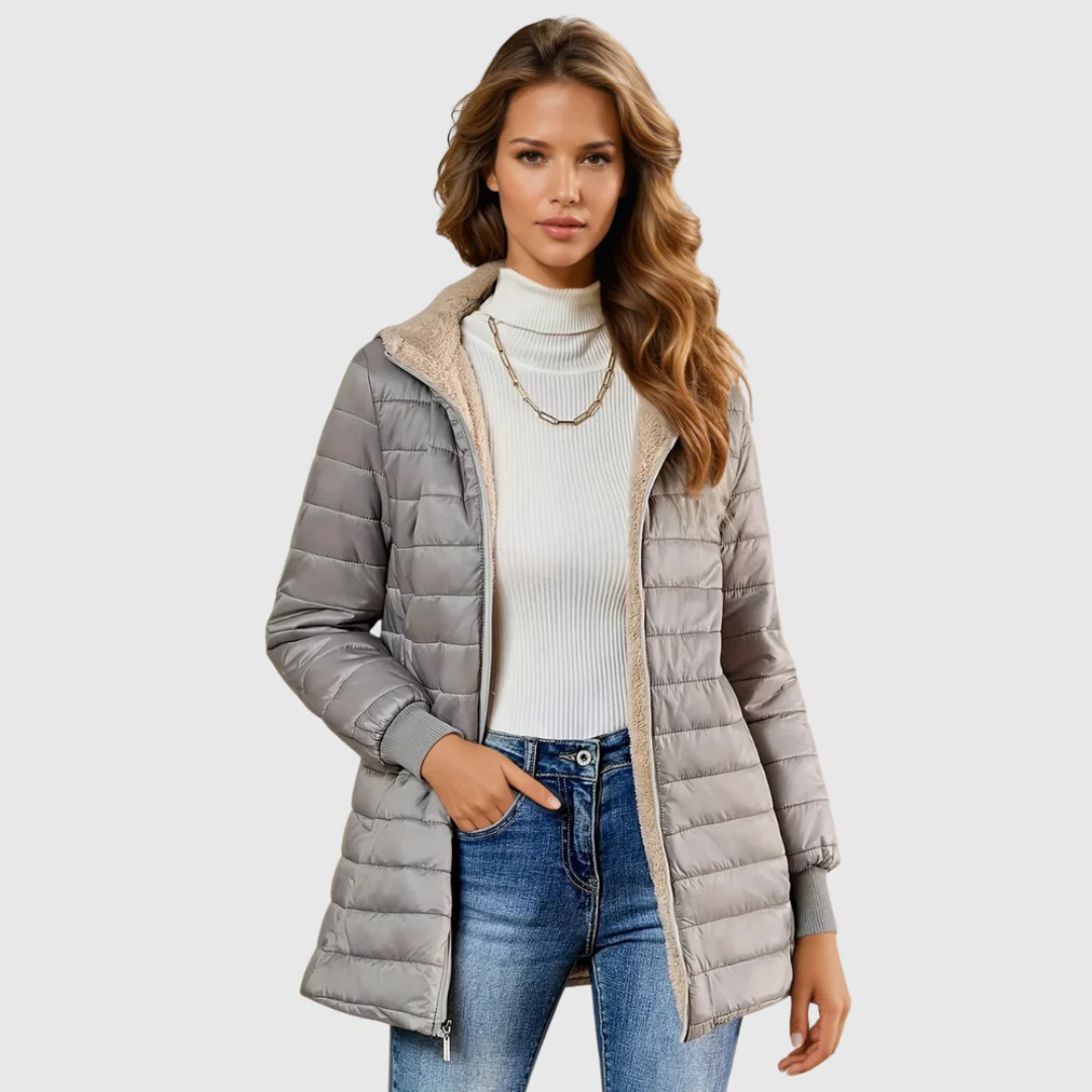 Gray sherpa-lined winter coat with tan faux-fur hood and zip front