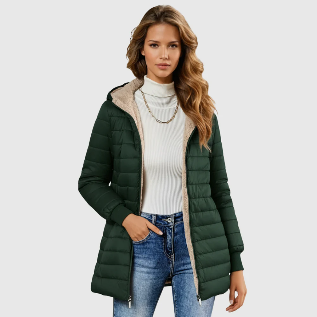 Green sherpa-lined winter coat with tan faux-fur hood and zip front