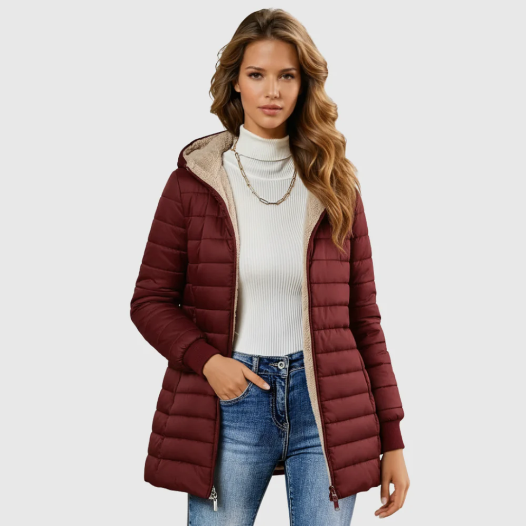 Burgundy sherpa-lined winter coat with tan faux-fur hood and zip front