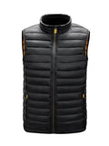 Men's quilted puffer bodywarmer vest, black, stand collar zip-up, sleeveless.
