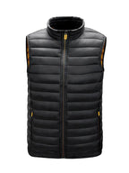 Men's quilted puffer bodywarmer vest, black, stand collar zip-up, sleeveless.