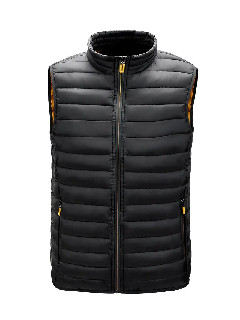 Men's quilted puffer bodywarmer vest, black, stand collar zip-up, sleeveless.