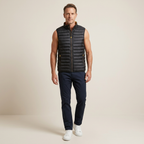 Mens black quilted zip-up bodywarmer vest with stand collar, sleeveless gilet