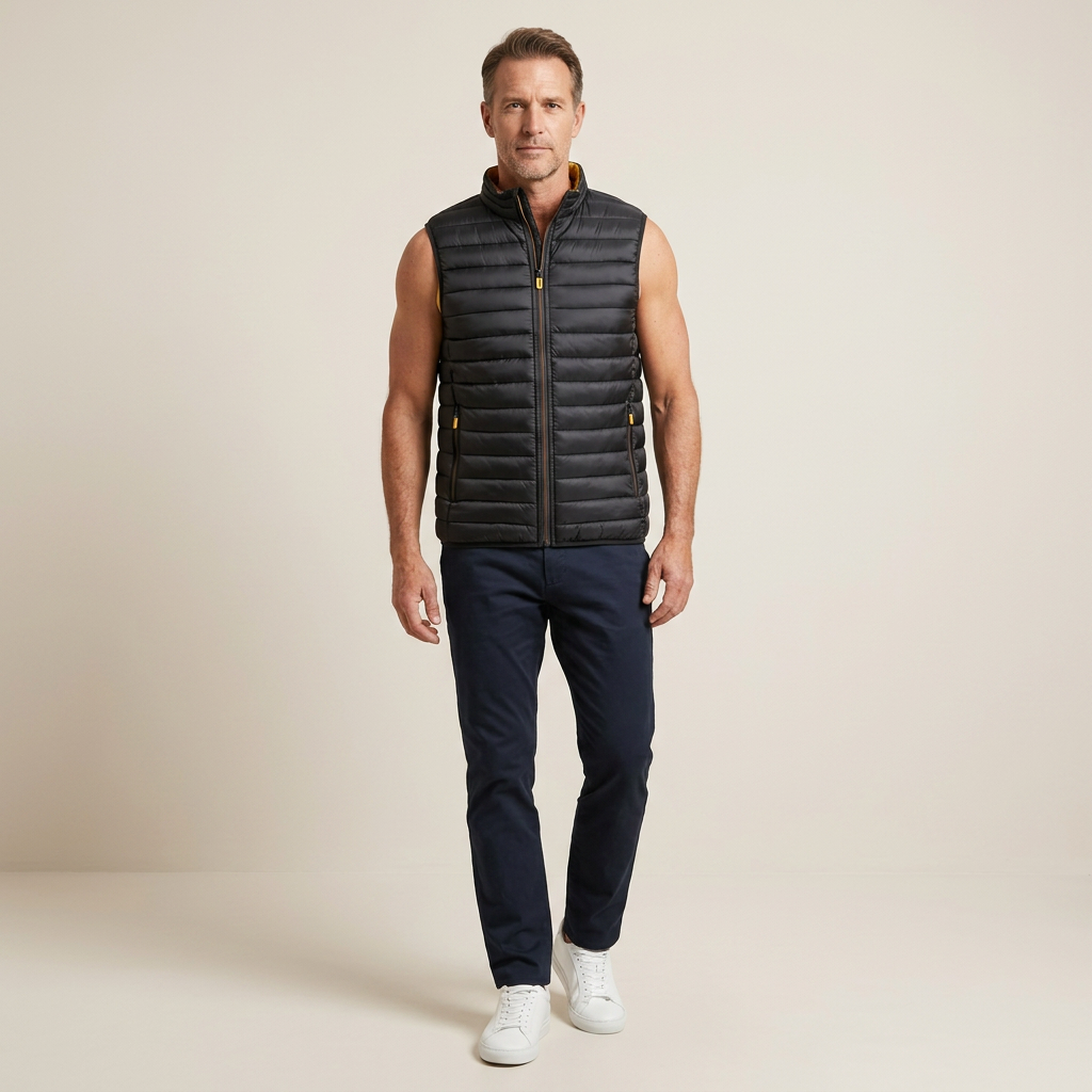 Mens black quilted zip-up bodywarmer vest with stand collar, sleeveless gilet