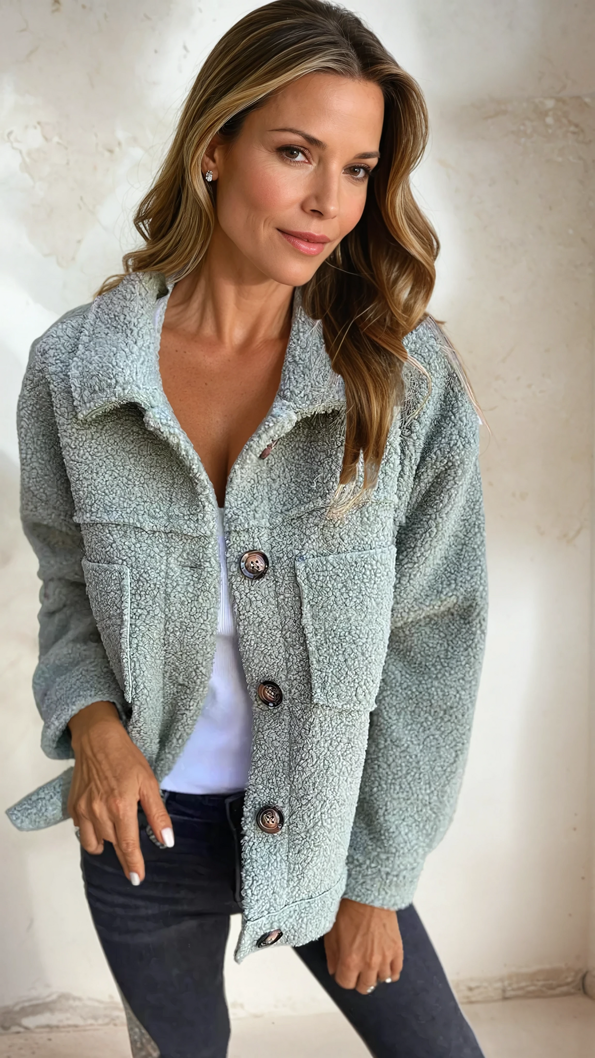 Light blue short cozy coat with fuzzy texture, button front, collar, and pockets