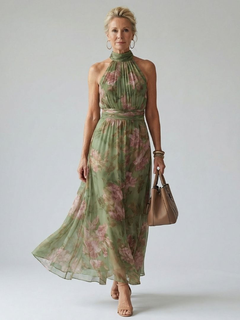 Women’s sleeveless halter midi dress in sage green with pink floral print, gathered bodice