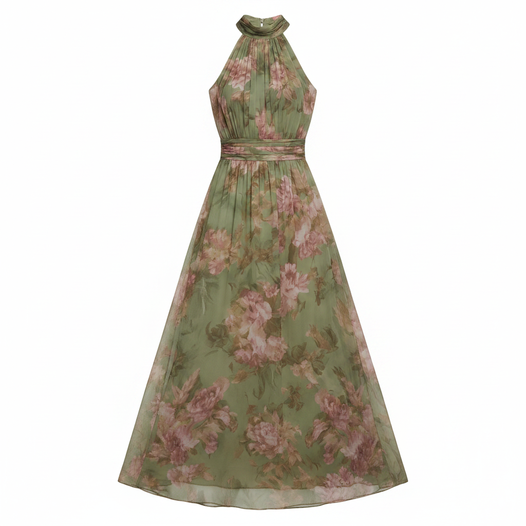 Sage green floral halter midi dress, gathered high neckline and defined waist, sleeveless