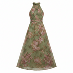 Sage green floral halter midi dress, gathered high neckline and defined waist, sleeveless