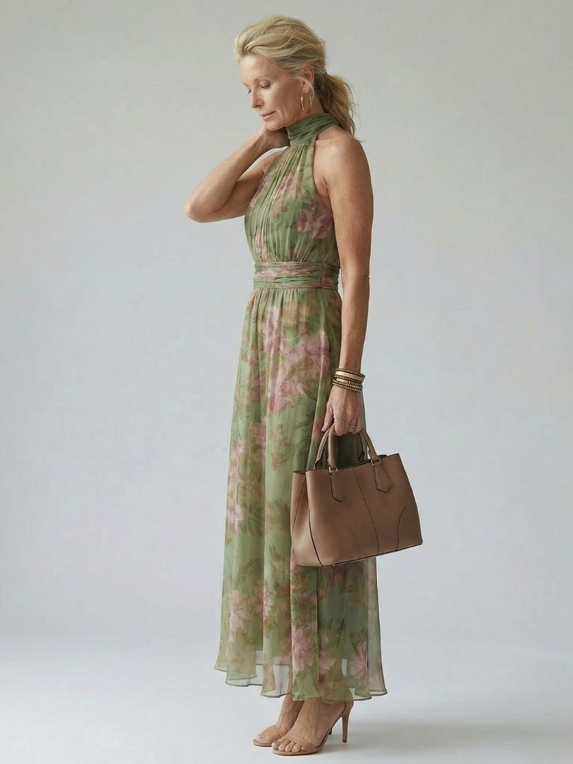Women’s halter midi dress, sage green with pink floral print, defined waist and flowy skirt