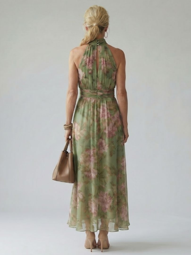 Back view of women’s sage green floral halter midi dress with gathered waist seam