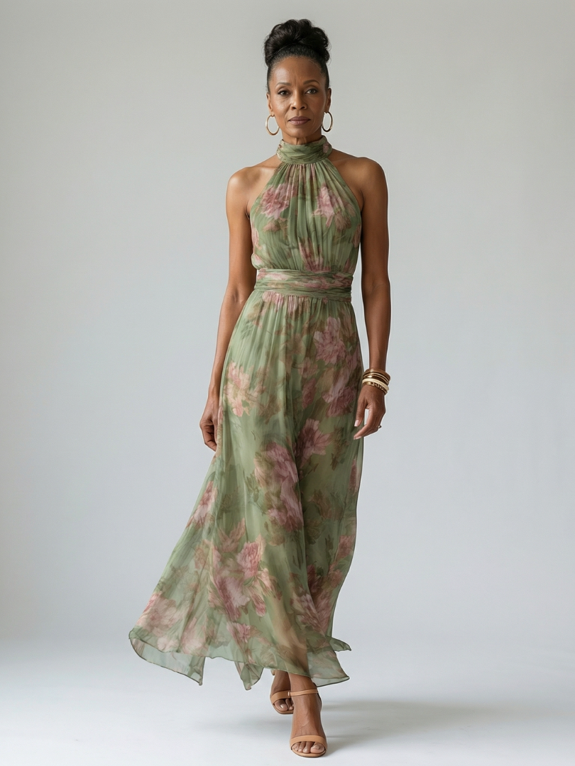 Women’s sleeveless halter midi dress in sage green with pink floral print and ruched neckline
