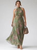 Sage green floral halter midi dress with gathered neckline and fitted waist, sleeveless