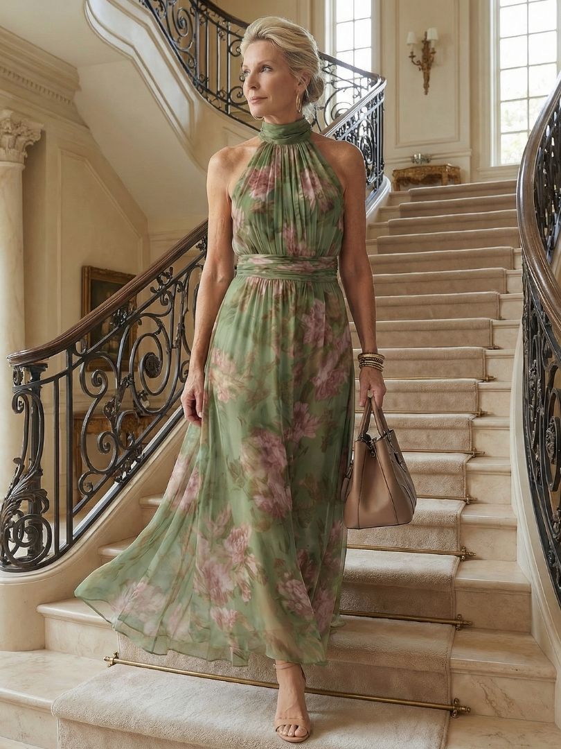Women’s sage green floral sleeveless halter midi dress with gathered bodice and elastic waist