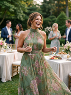 Women’s sage green floral halter midi dress with gathered neckline and swaying full skirt