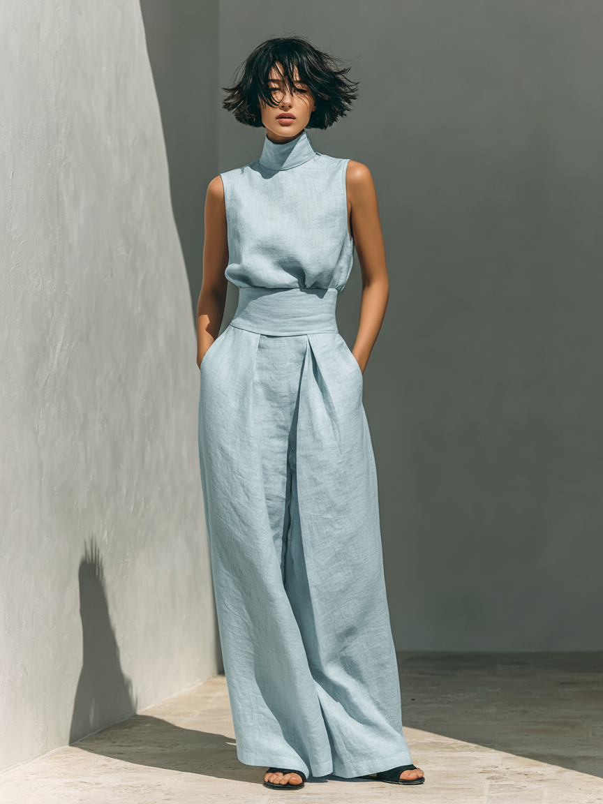 Light blue women's cotton sleeveless jumpsuit with high neck and tied waist