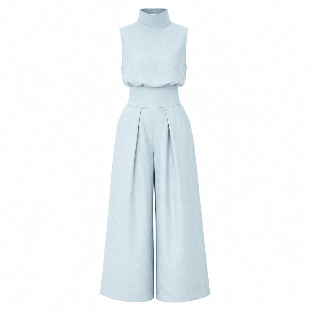 Light blue sleeveless high-neck cotton-blend jumpsuit with wide-leg full length